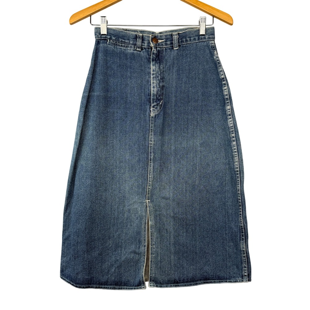 Vintage La Rose Denim Midi Skirt Blue‎ High Waist Front Slit Size 7/8 Bohemian